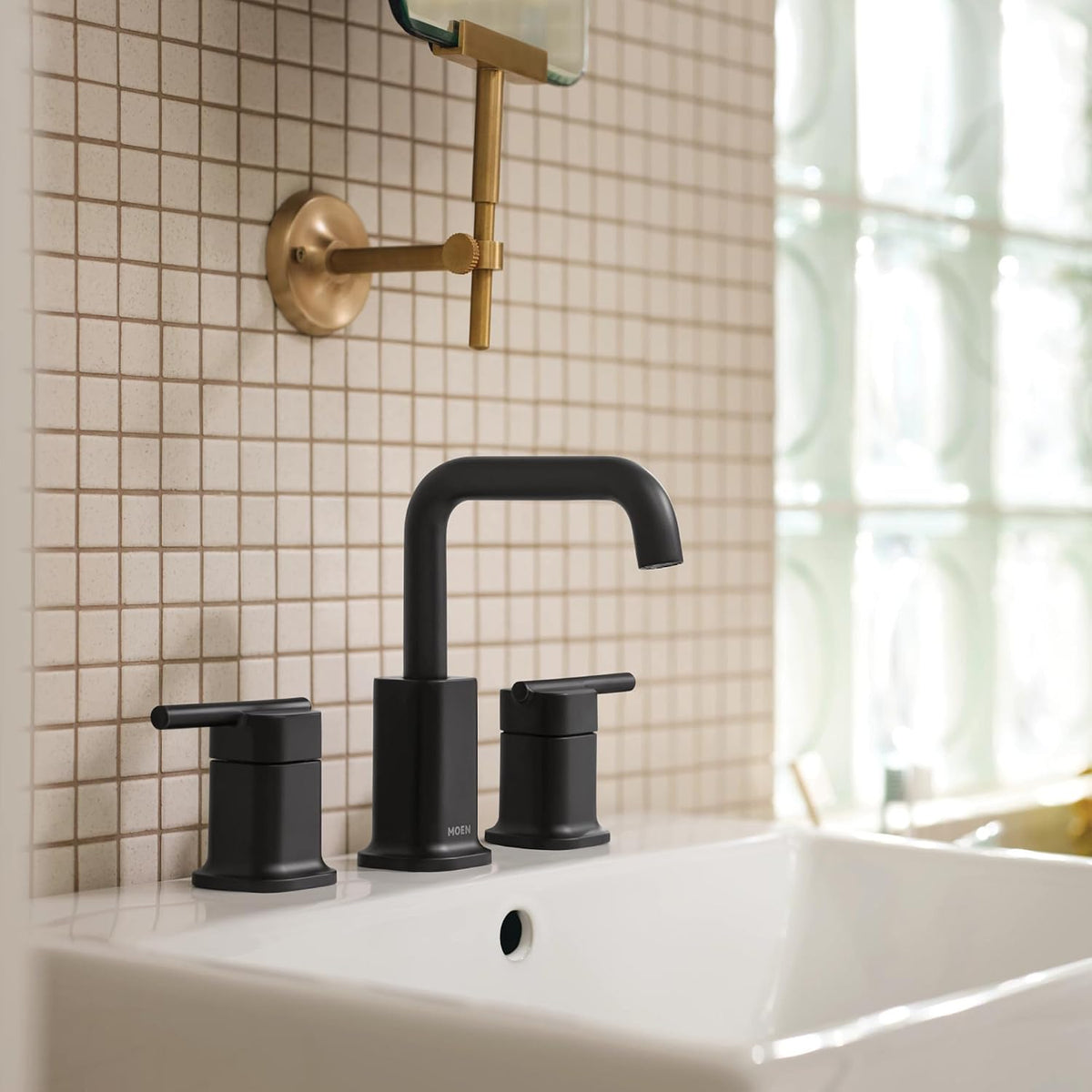Moen Inara 84043BL Matte Black Widespread Bathroom Faucet 3 Hole Drain