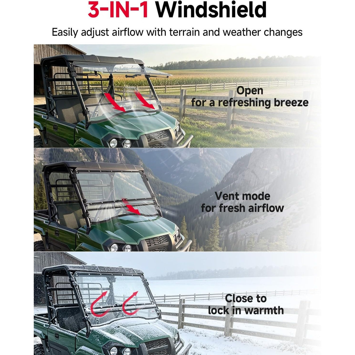 KEMIMOTO 3-in-1 Flip Windshield Kawasaki Mule PRO-MX 2019+ UTV