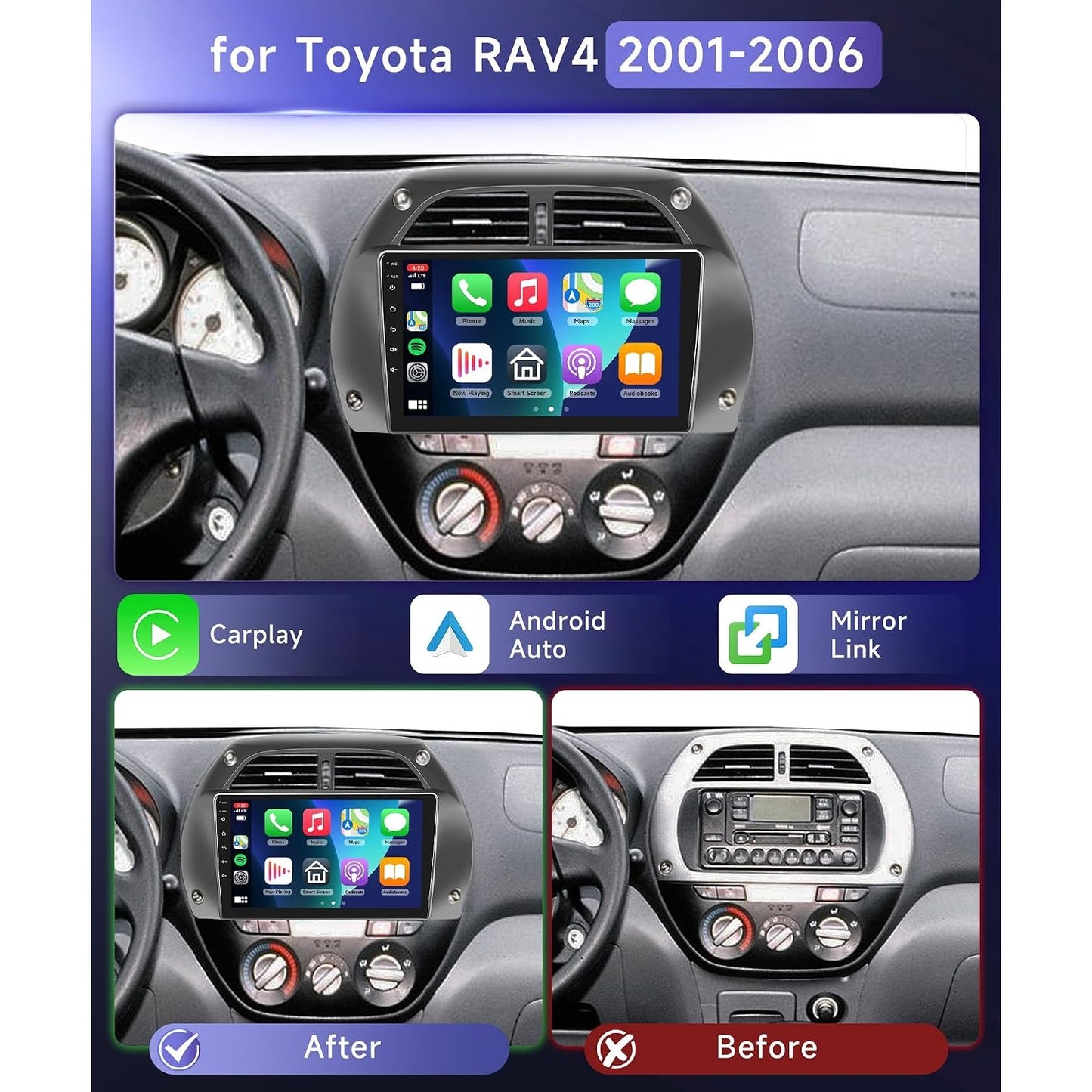 Toyota RAV4 2001-2005 Android 15 Car Stereo 9" CarPlay Android Auto GPS 4+64G