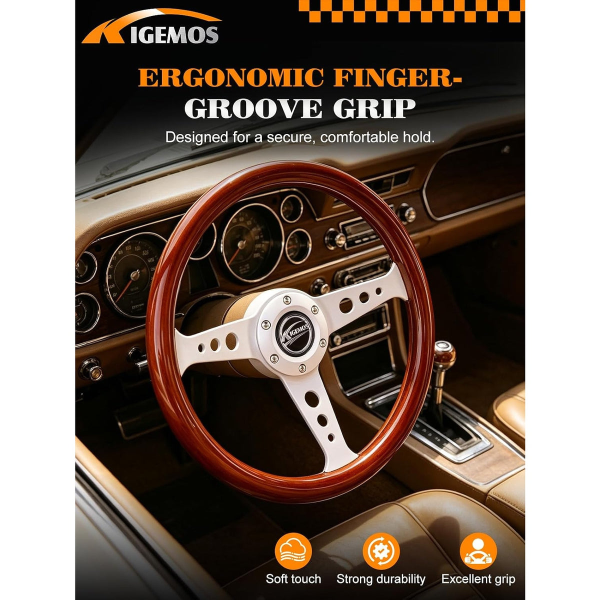 KIGEMOS 350mm 13.8in Peach Wood Chrome Racing Steering Wheel Horn Button