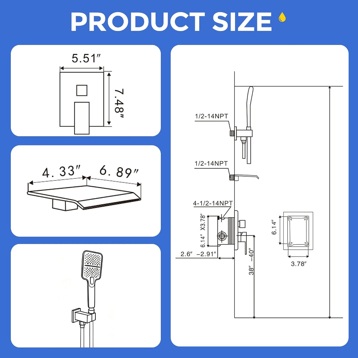 ALGRTS Wall Mount Waterfall Tub Faucet Matte Black Hand Shower 2-Function