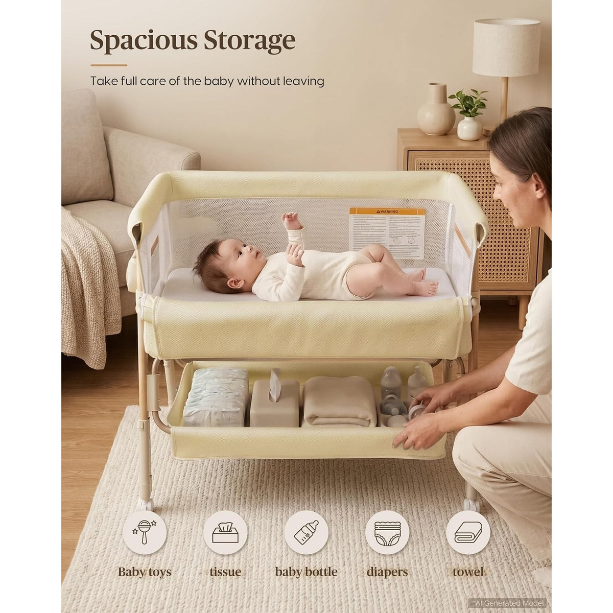 3 in 1 Baby Bassinet Bedside Sleeper Crib 5 Adjustable Heights Mesh Wheels