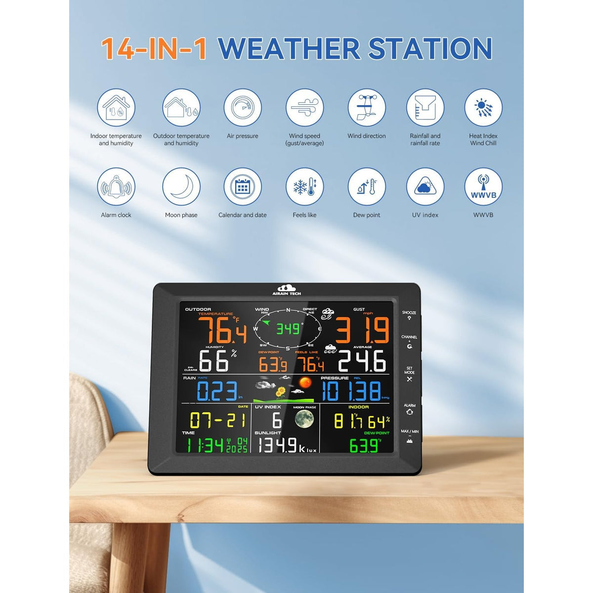 AIRAIN TECH A6 Wireless Weather Station Dual 6.5" Displays Rain Wind Sensor