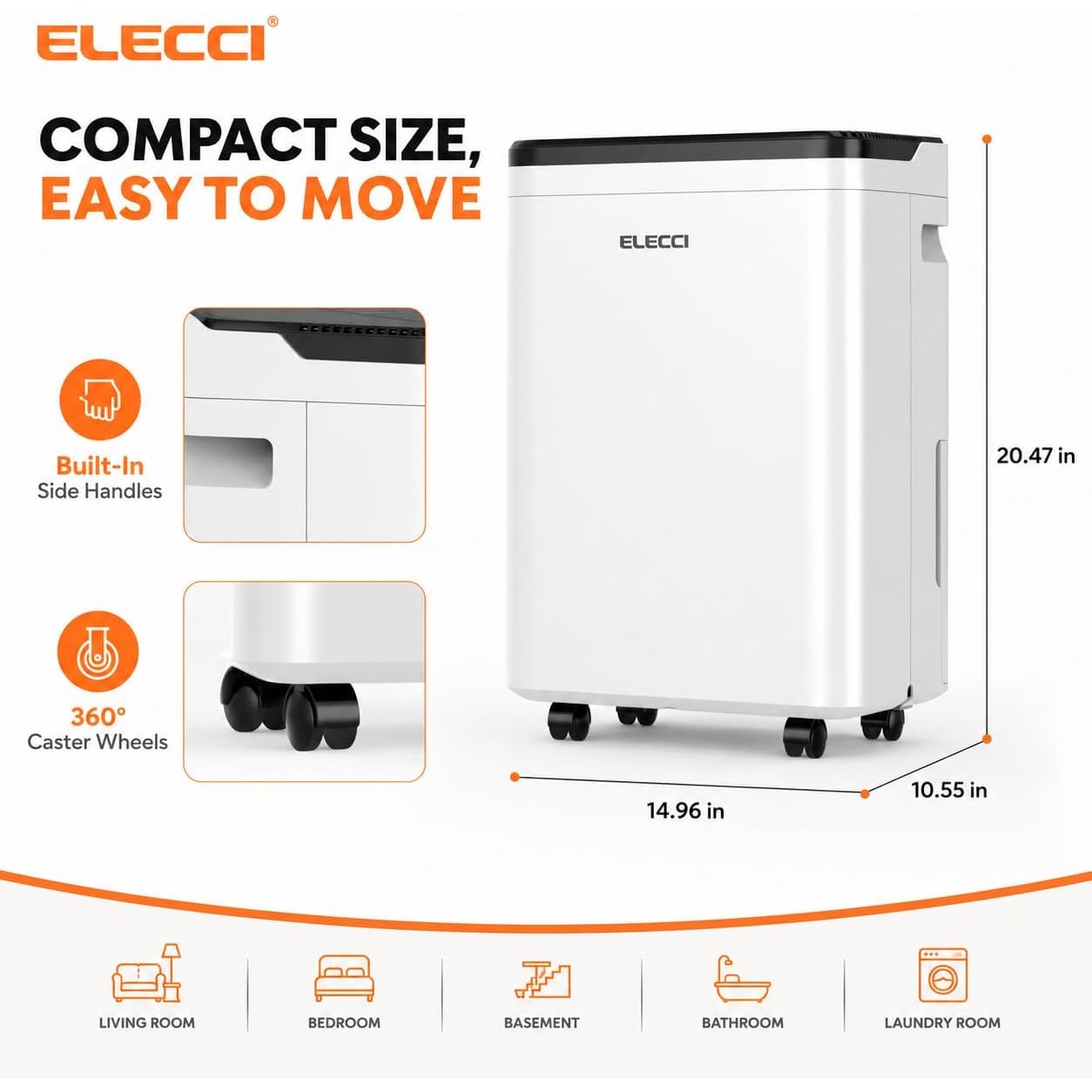 ELECCI 80 Pint Dehumidifier 5500 Sq Ft Smart Humidity Control Drain Hose