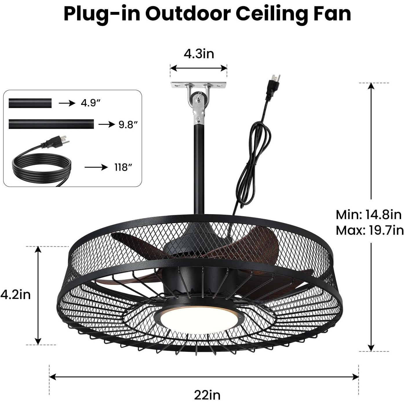 Linour 22 in Outdoor Ceiling Fan with Light Plug In Remote App Wet Rated