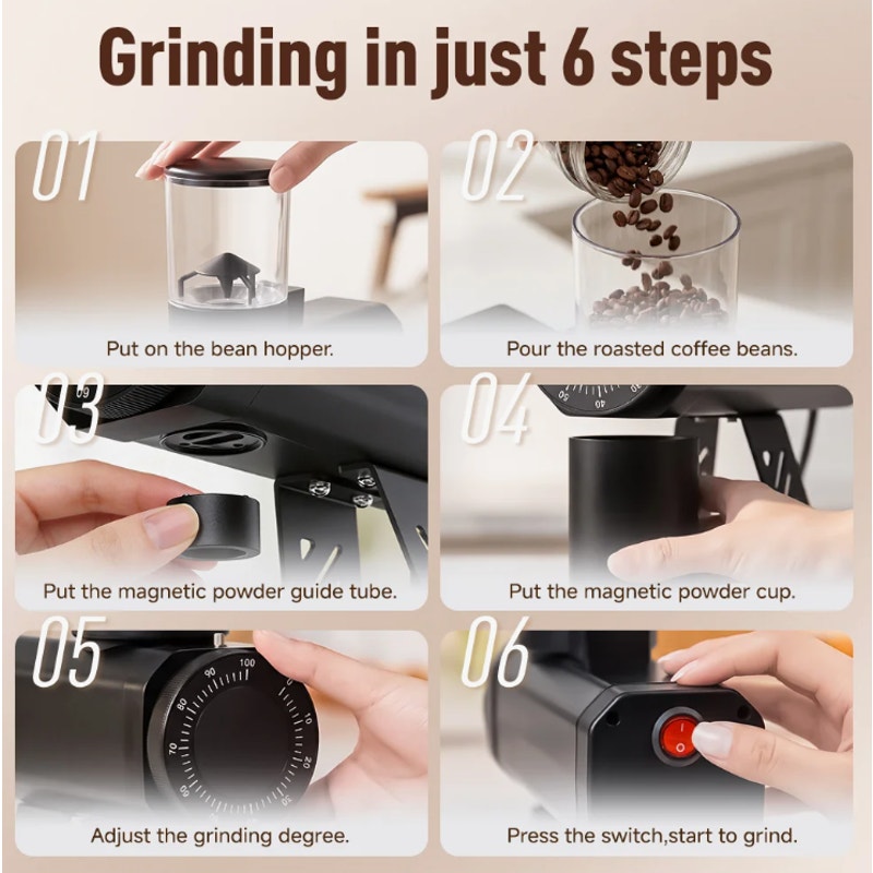 Texvate 64mm Flat Burr Coffee Grinder 100 Settings SUS420 Anti Static Black