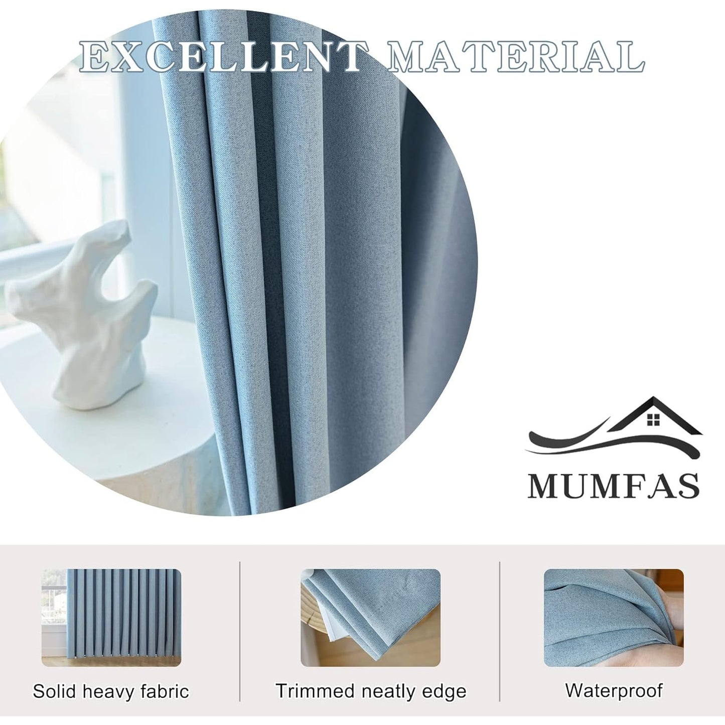 MUMFAS Linen Pinch Pleat 100% Blackout Curtain Panel 52x96 Stone Blue