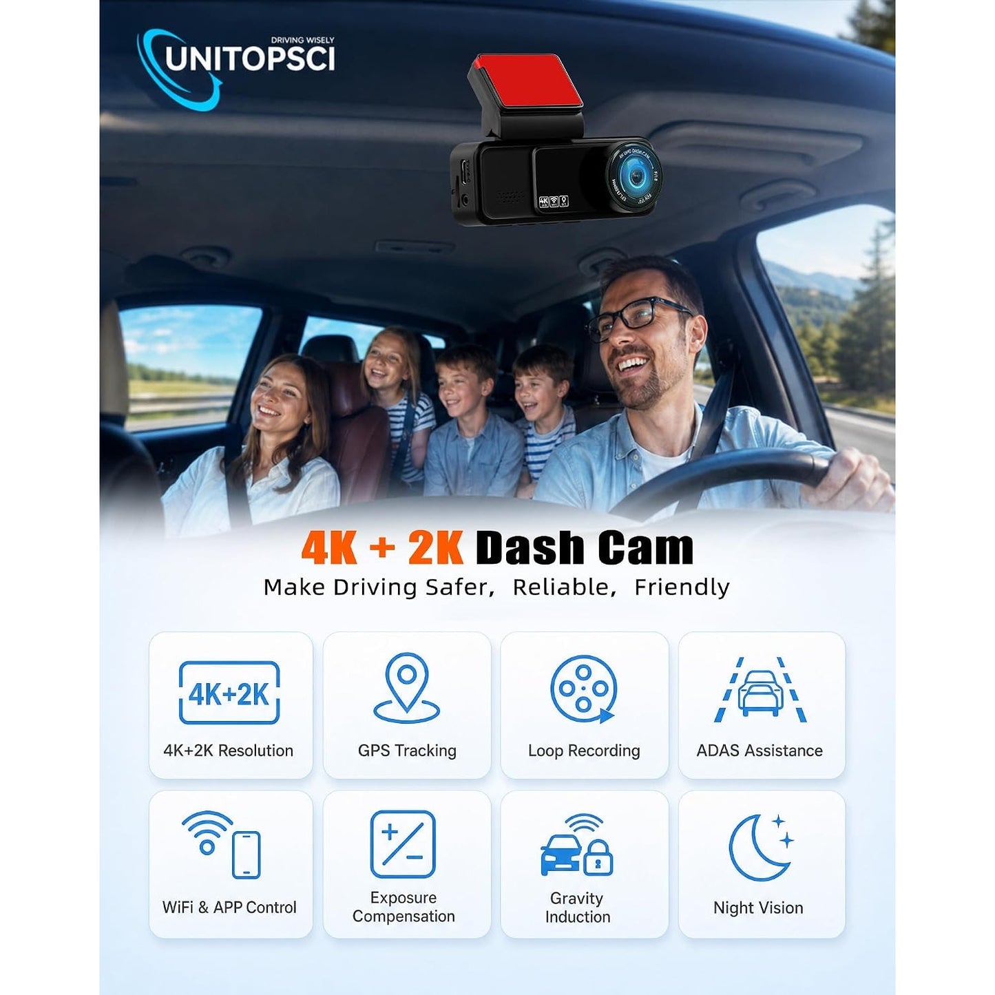 4K+2K Dual Dash Cam Front and Rear WiFi GPS ADAS Night Vision Parking Monitor