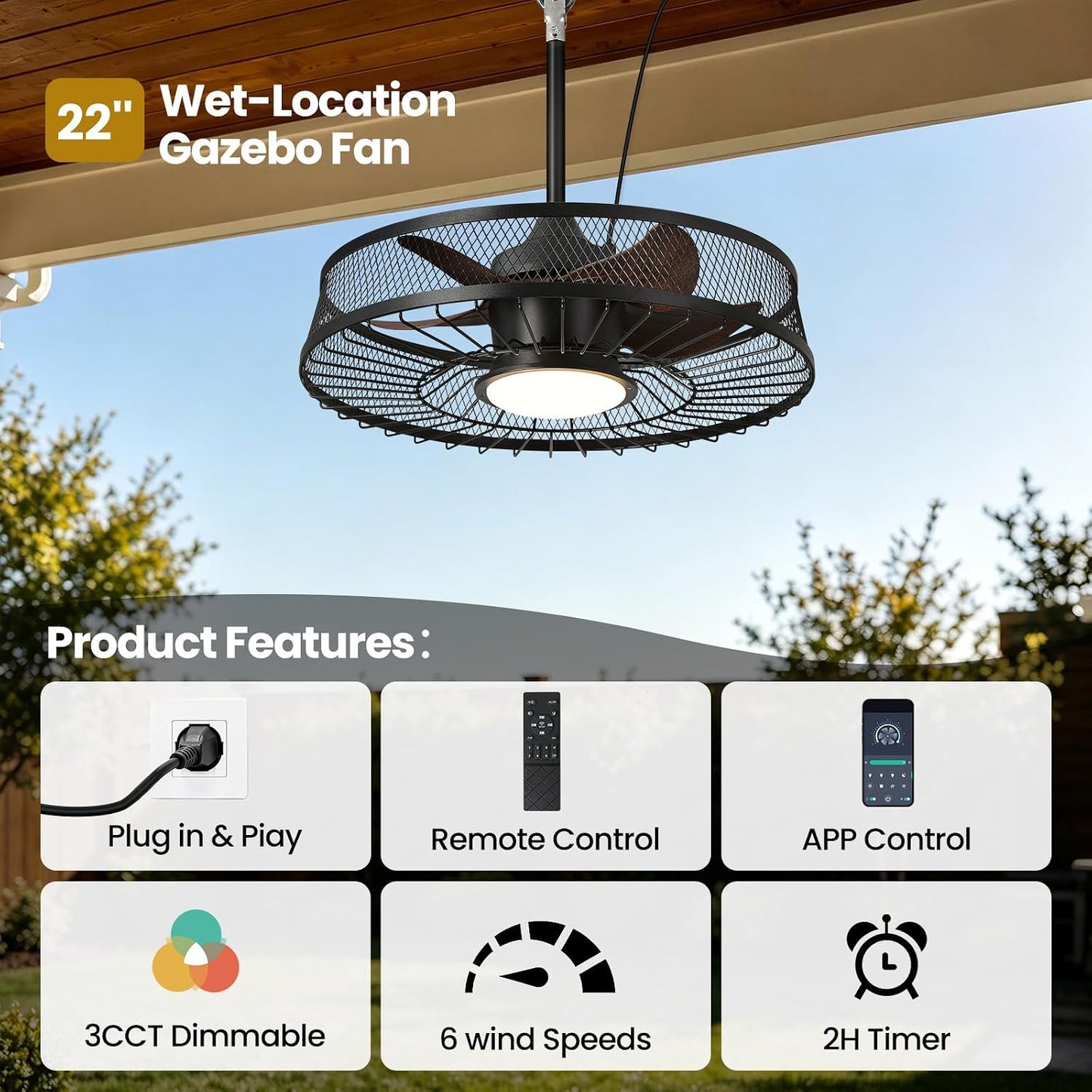 Linour 22 in Outdoor Ceiling Fan with Light Plug In Remote App Wet Rated