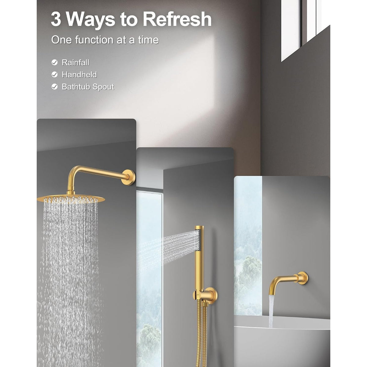 Shower Trim Kit Tub Spout Handheld 10" Rainfall Brushed Gold Pressure Balance