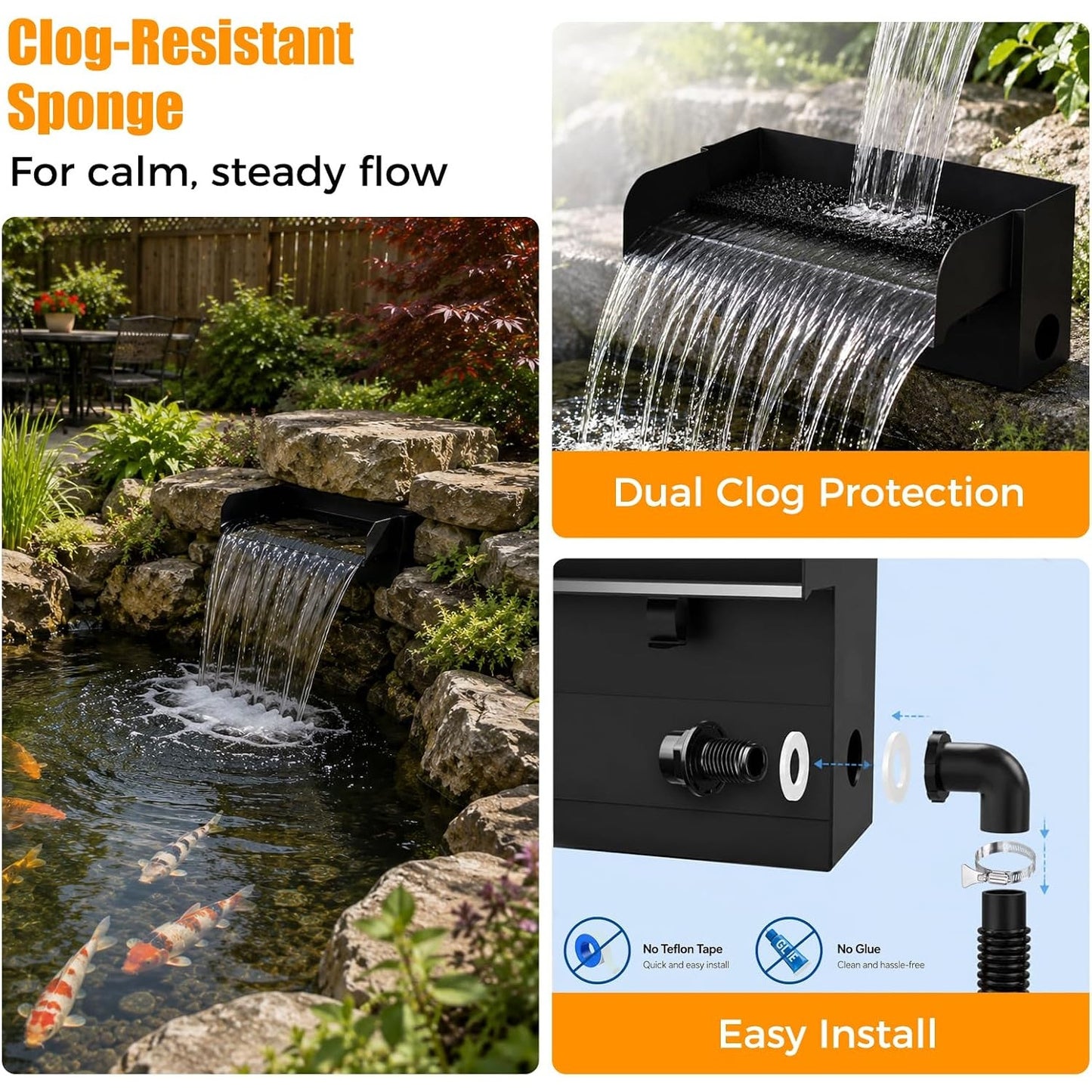 Pond Waterfall Spillway Kit 12" 304 Stainless Steel 660GPH Pump LED Lights