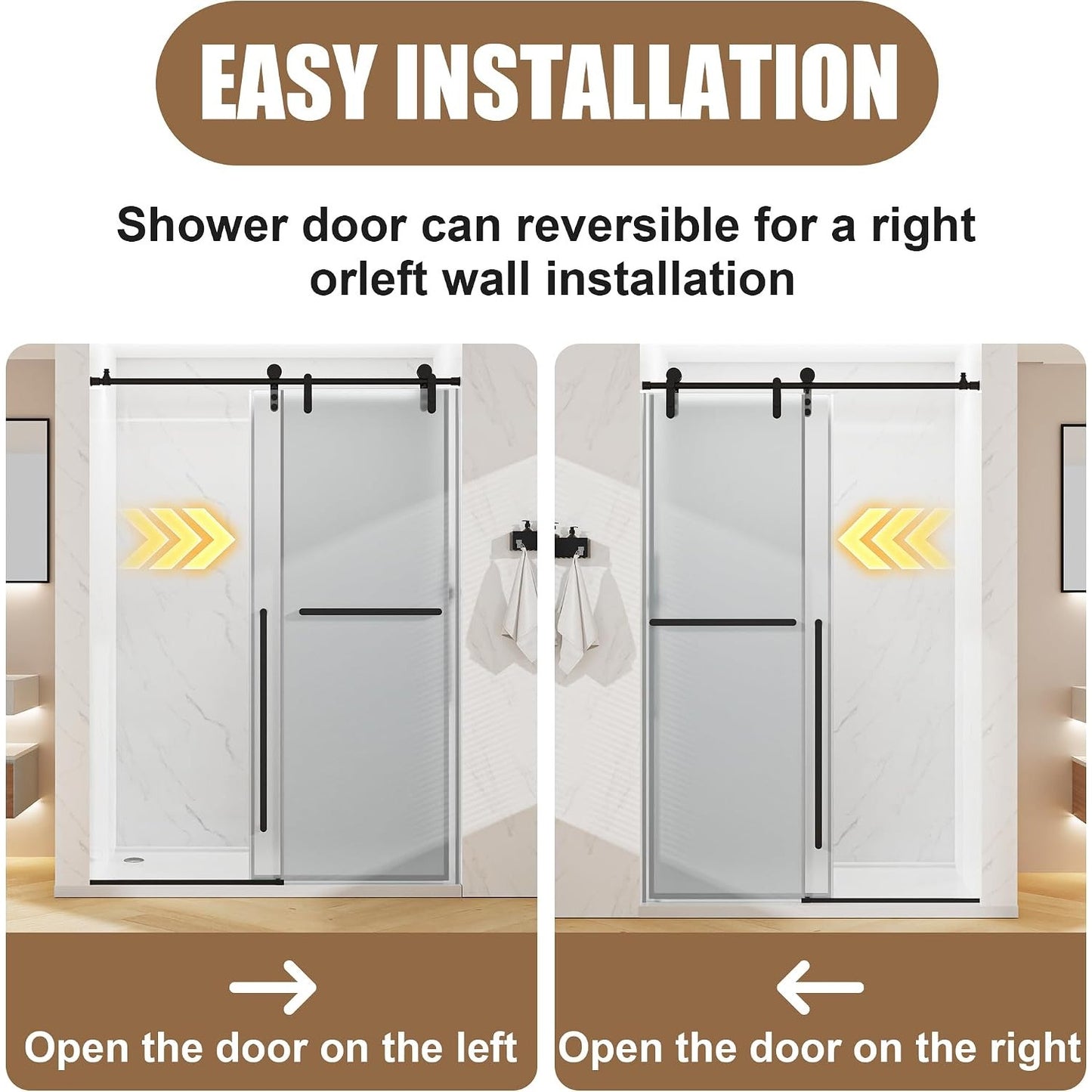 Frosted Glass Shower Door Frameless Sliding 44-48" x 76" Matte Black Tempered