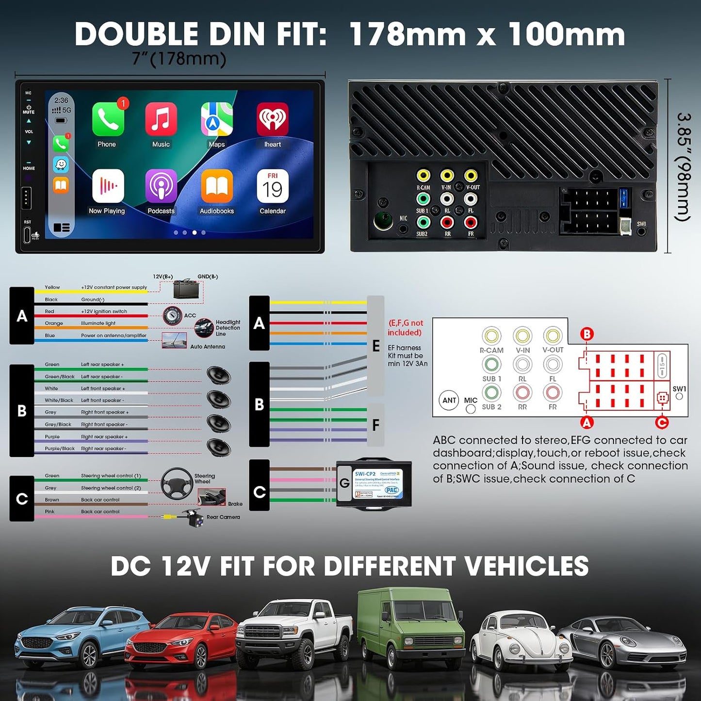 7" Double Din Car Stereo Wireless CarPlay Android Auto DSP Touchscreen Radio