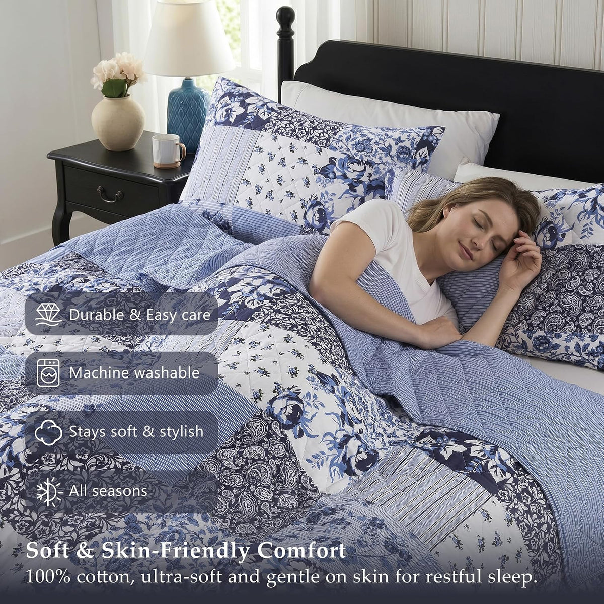 Palassio 100% Cotton Reversible Patchwork Quilt King Blue Grey Floral 3 Piece