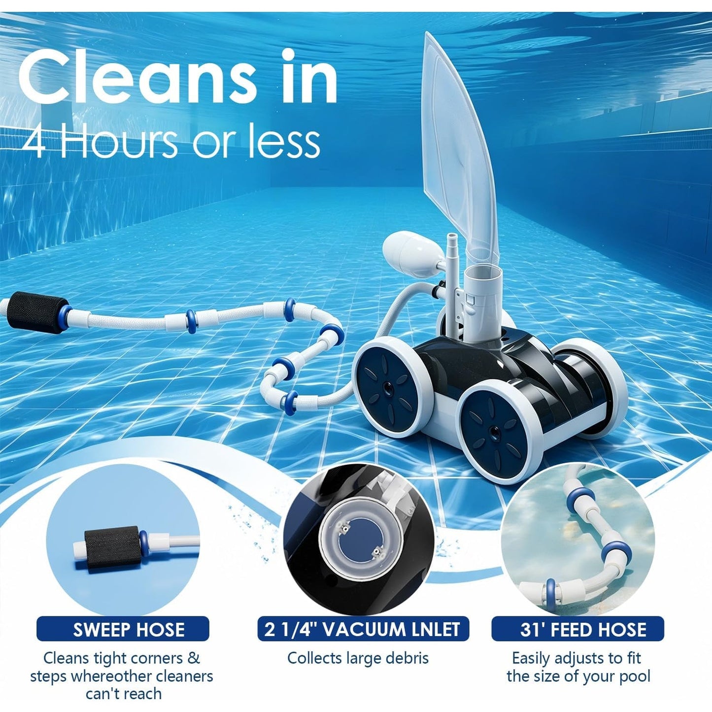 MAKHOON 4 Wheel Pressure Side Pool Cleaner 1.5" Booster Pump Inground Pool