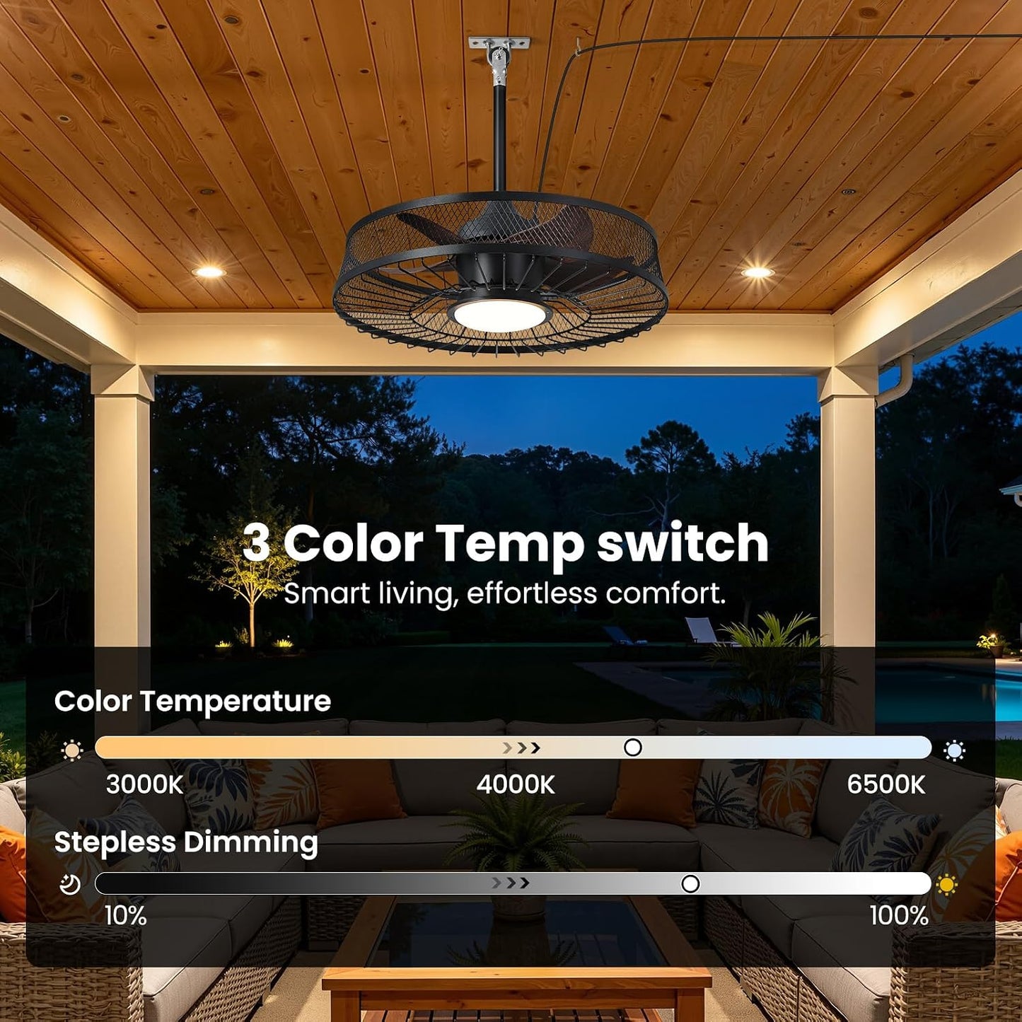 Linour 22 in Outdoor Ceiling Fan with Light Plug In Remote App Wet Rated