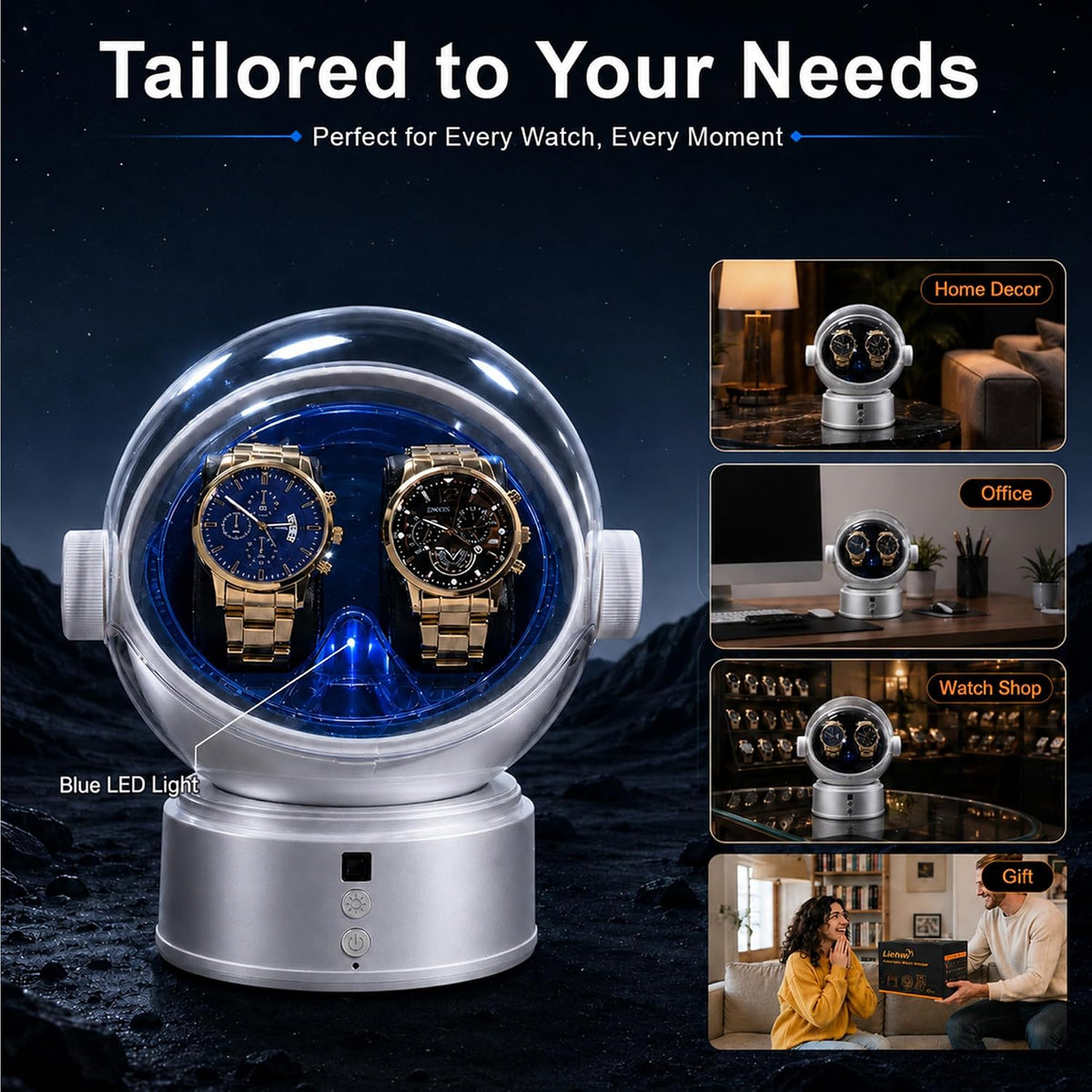 Automatic Watch Winder 2 Slots Astronaut Style Silver Quiet Japanese Motor LED