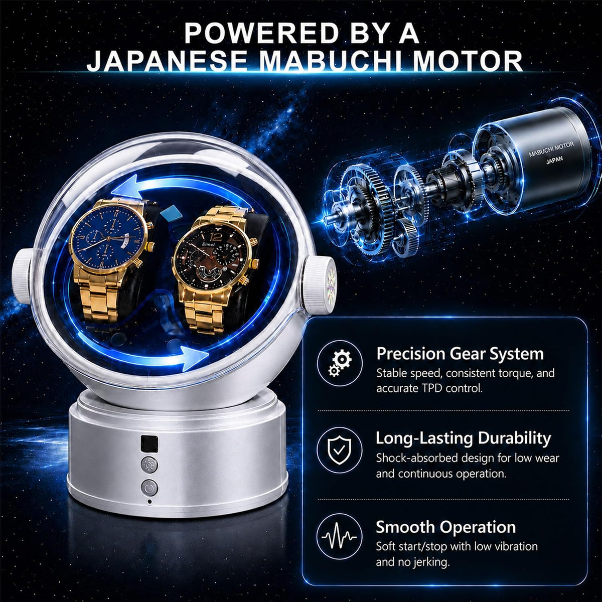 Automatic Watch Winder 2 Slots Astronaut Style Silver Quiet Japanese Motor LED