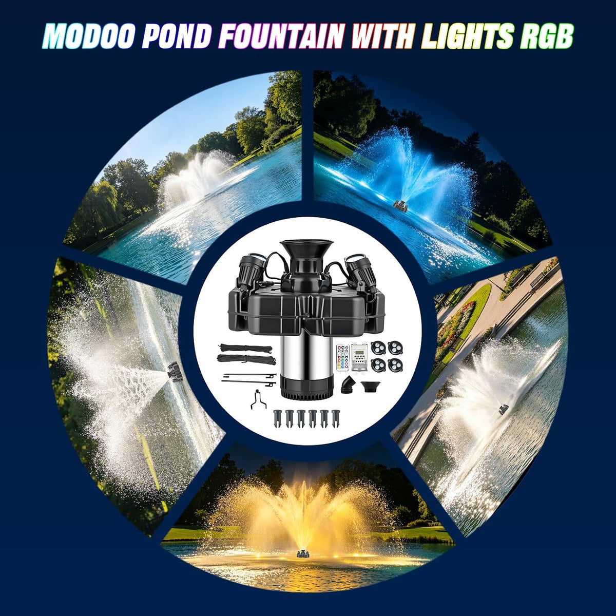 Floating Pond Fountain Aerator 3/4 HP RGB LED Lights Remote Control Outdoor