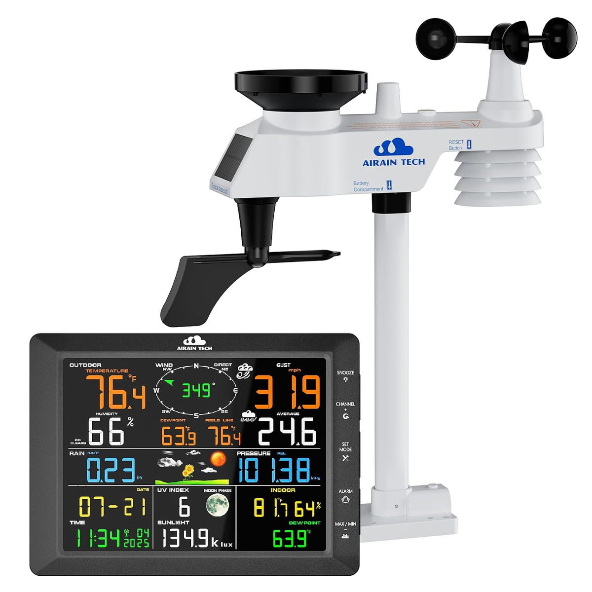 AIRAIN TECH A6 Wireless Weather Station Dual 6.5" Displays Rain Wind Sensor
