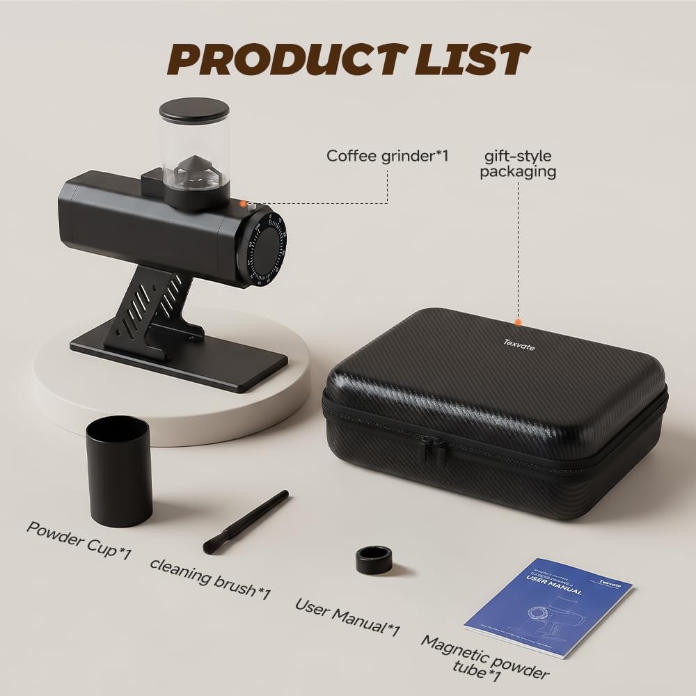 Texvate 64mm Flat Burr Coffee Grinder 100 Settings SUS420 Anti Static Black