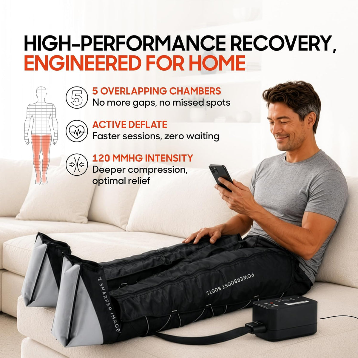 Sharper Image Powerboost L/XL Leg Compression Boots 29-34in 5 Modes