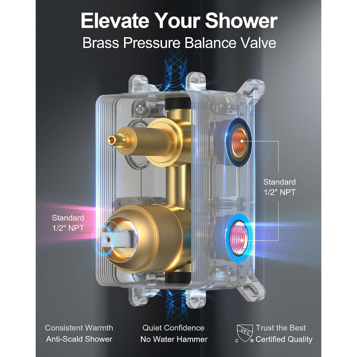 Shower Trim Kit Tub Spout Handheld 10" Rainfall Brushed Gold Pressure Balance