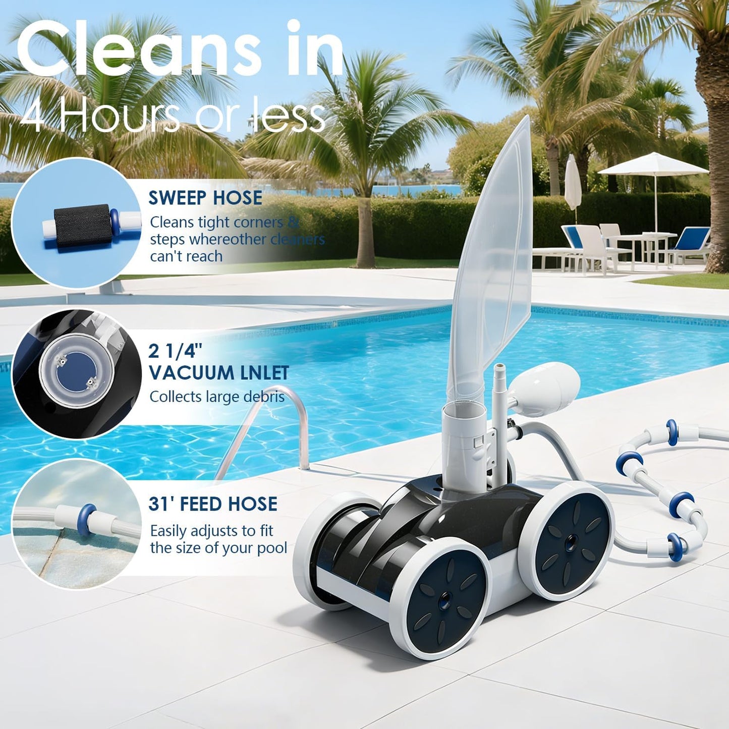 MAKHOON 4 Wheel Pool Pressure Side Sweeper Cleaner 1.5" Thread 4 Bar