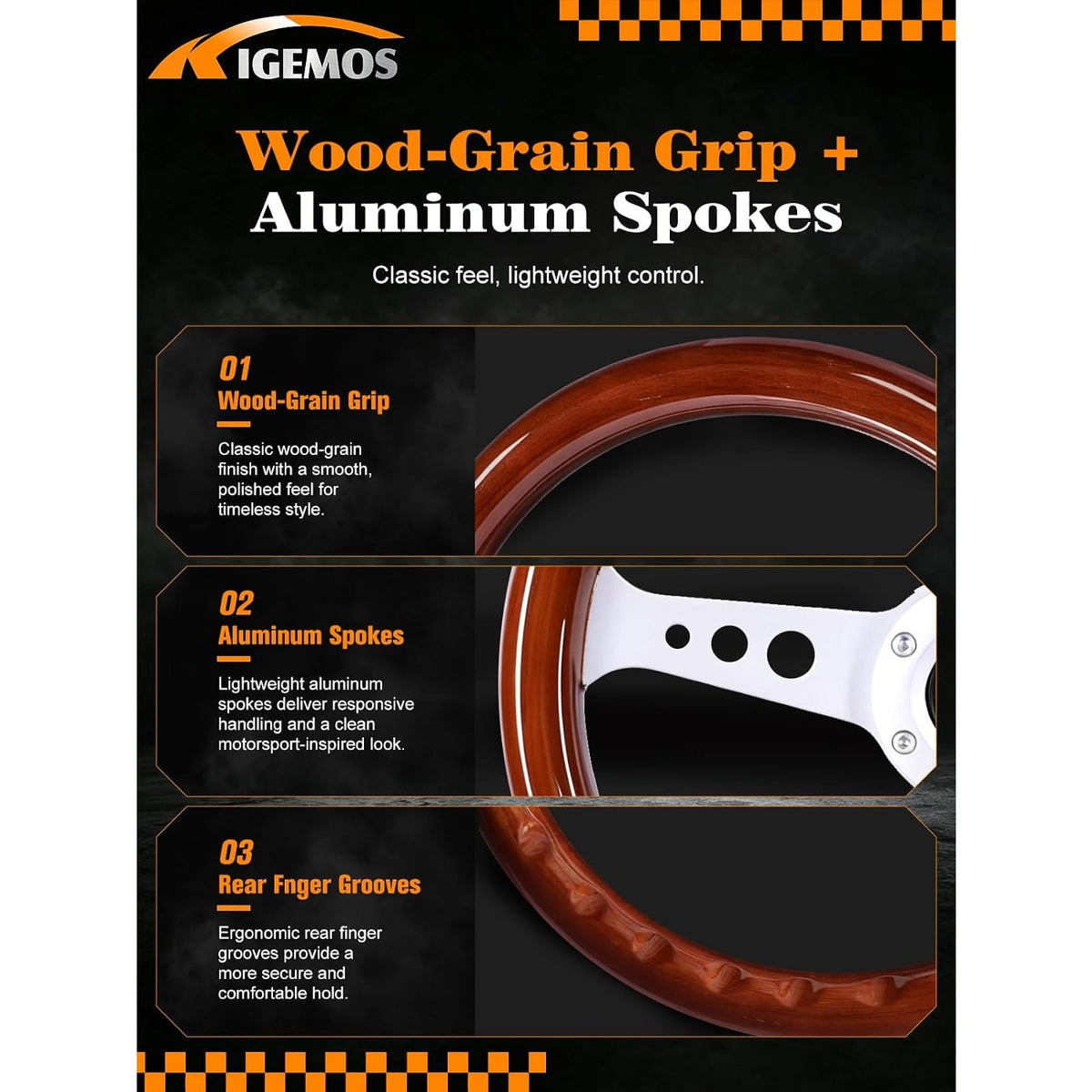 KIGEMOS 350mm 13.8in Peach Wood Chrome Racing Steering Wheel Horn Button