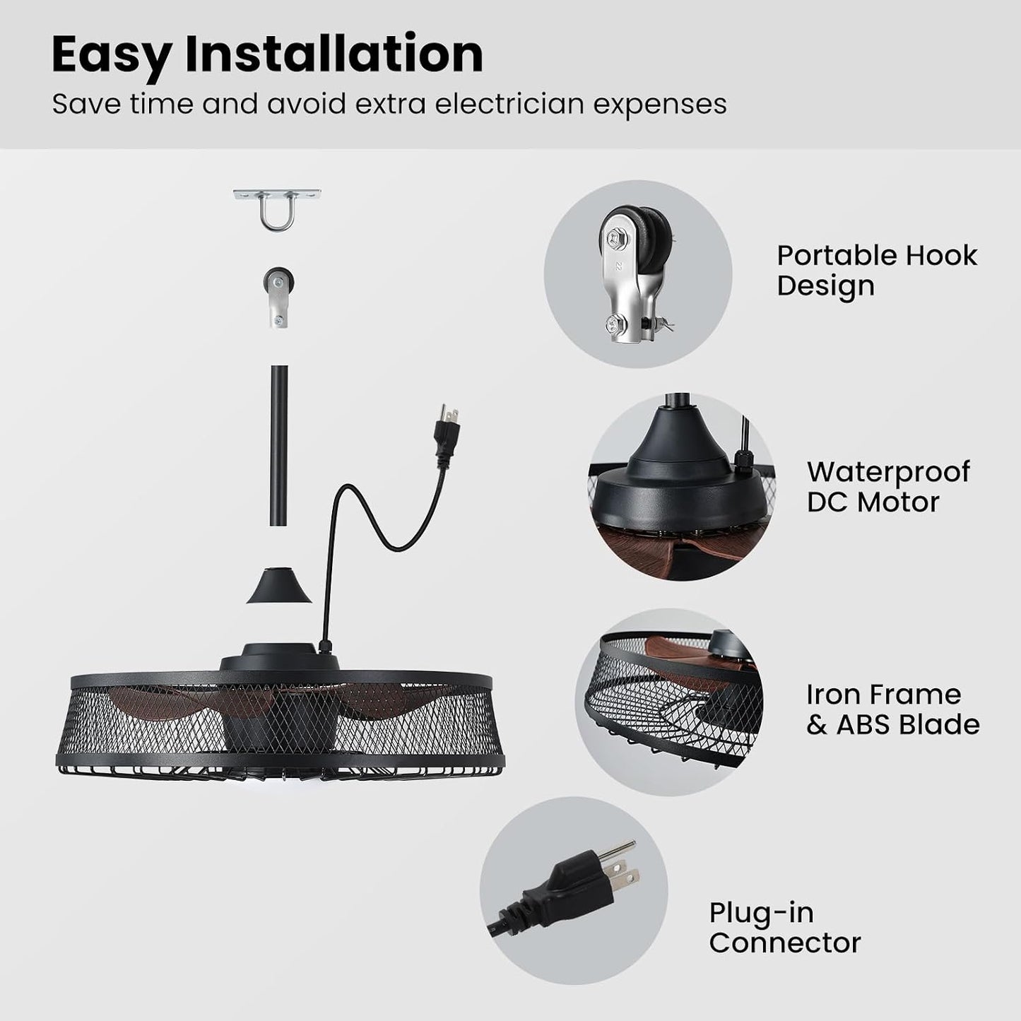 Linour 22 in Outdoor Ceiling Fan with Light Plug In Remote App Wet Rated