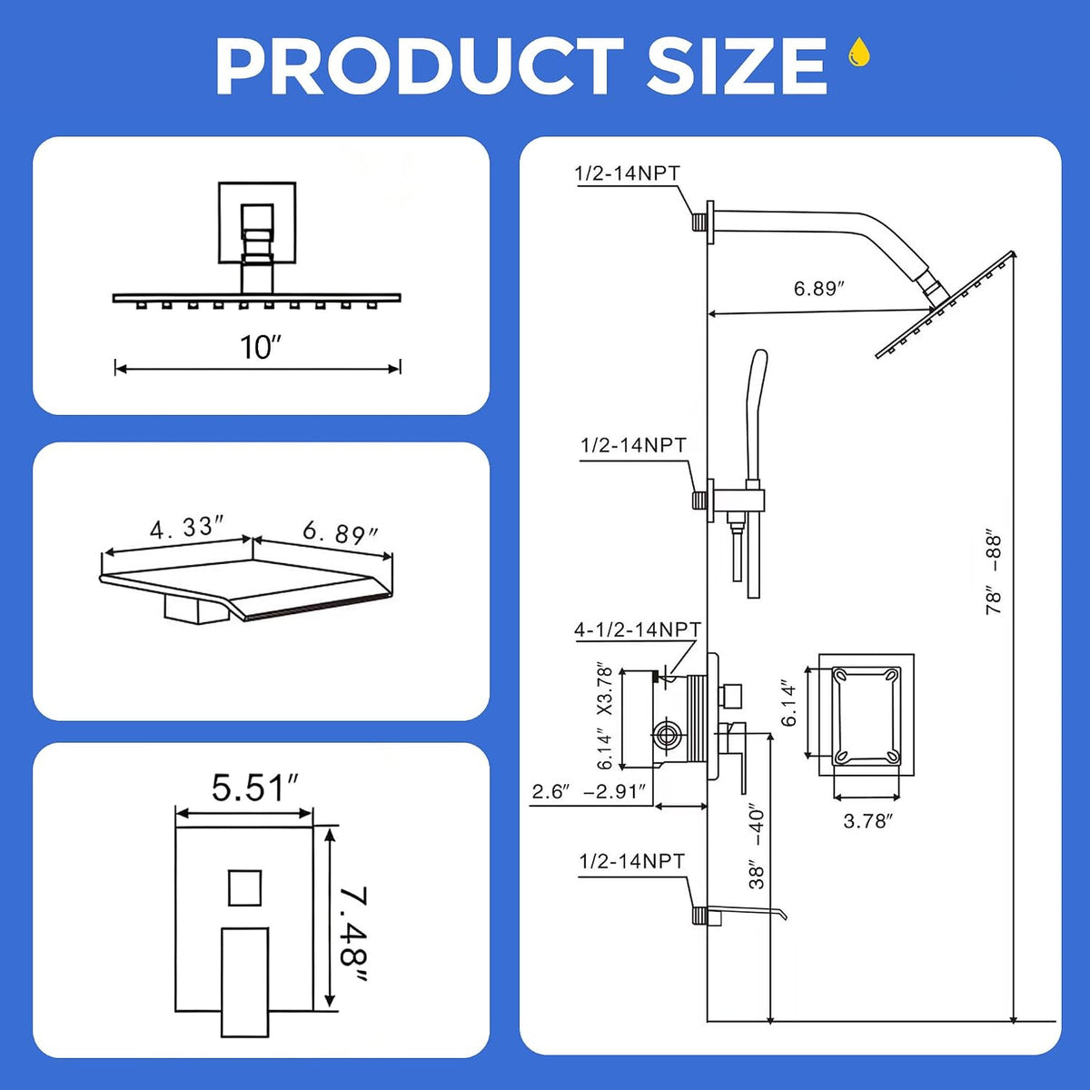 10" Rainfall Shower System Waterfall Tub Spout Handheld Spray Single Handle