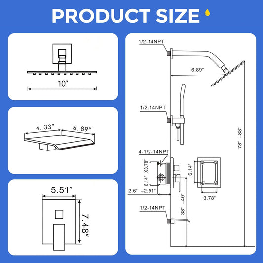 10" Rainfall Shower System Waterfall Tub Spout Handheld Spray Single Handle