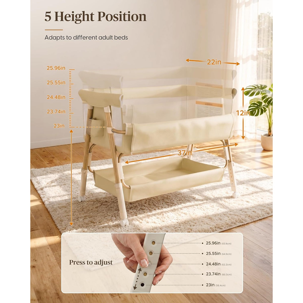 3 in 1 Baby Bassinet Bedside Sleeper Crib 5 Adjustable Heights Mesh Wheels