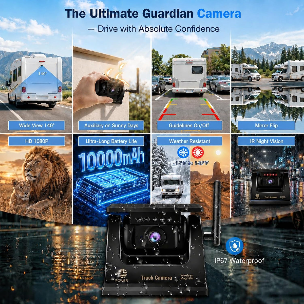 Wireless Backup Camera CarPlay Android Auto 7" Solar Magnetic RV Truck Trailer