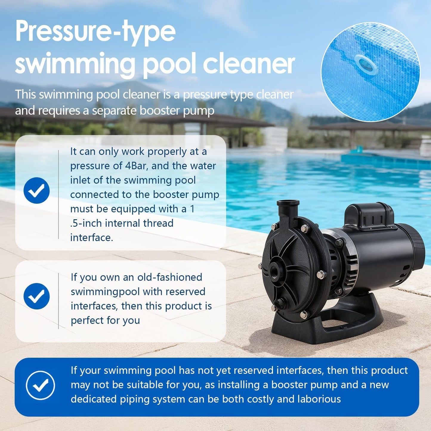 MAKHOON 4 Wheel Pool Pressure Side Sweeper Cleaner 1.5" Thread 4 Bar