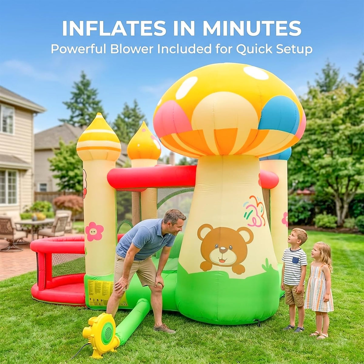 Inflatable Bounce House w/ Slide, Ball Pit, Blower Kids Bouncy Mushroom Castle