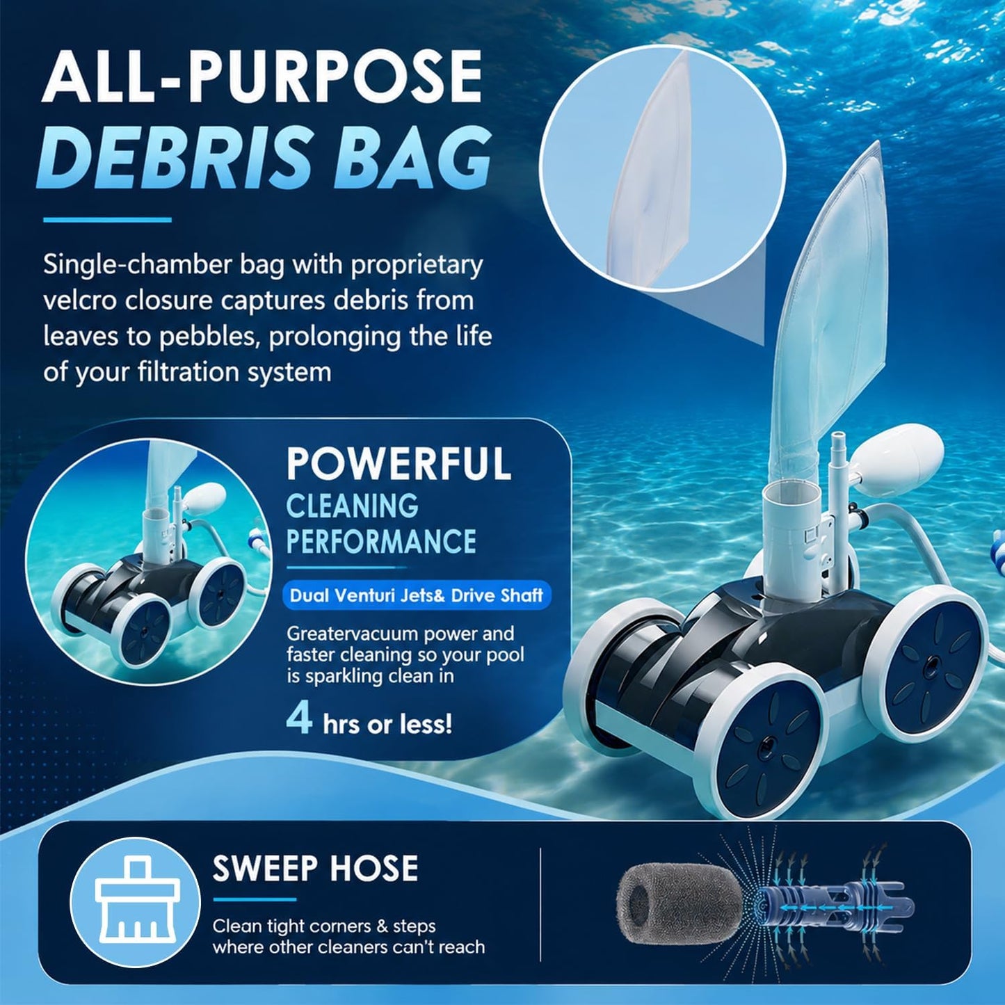 MAKHOON 4 Wheel Pressure Side Pool Cleaner 1.5" Booster Pump Inground Pool
