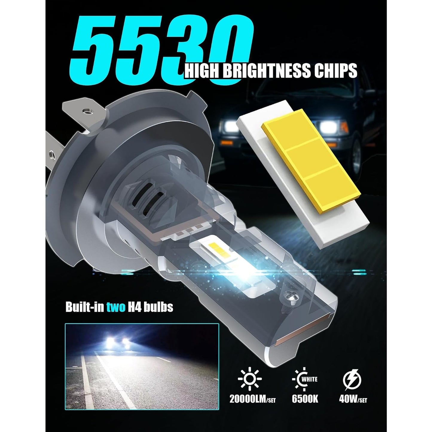 5x7 7x6 H6054 Glass Sealed Beam Headlight Housing H4 LED Bulbs 6500K Pair Kit