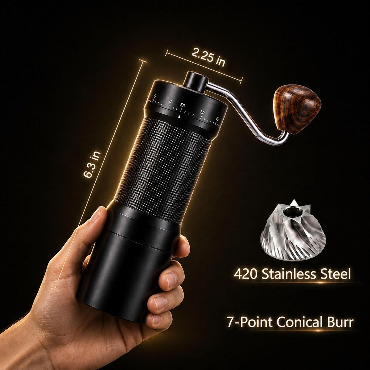 Diwenthlor Manual Coffee Mill 420 Steel Conical Burr 55 Grind Settings Black