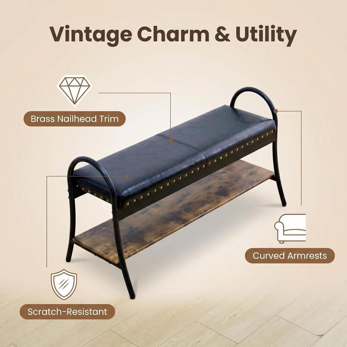 Forteek 39.4in Shoe Bench with Shelf Industrial Faux Leather Entryway Bench
