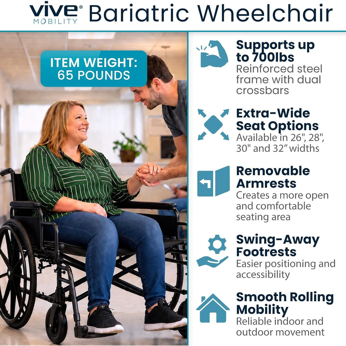Vive Extra-Wide Bariatric Wheelchair for Adults (600 lb Capacity, 28” Seat)