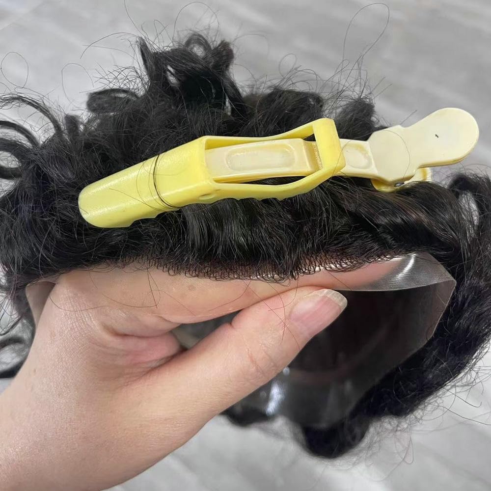 20MM Curly Mens Toupee 8x10 Mono PU 100% Human Hair 1B Hair Replacement