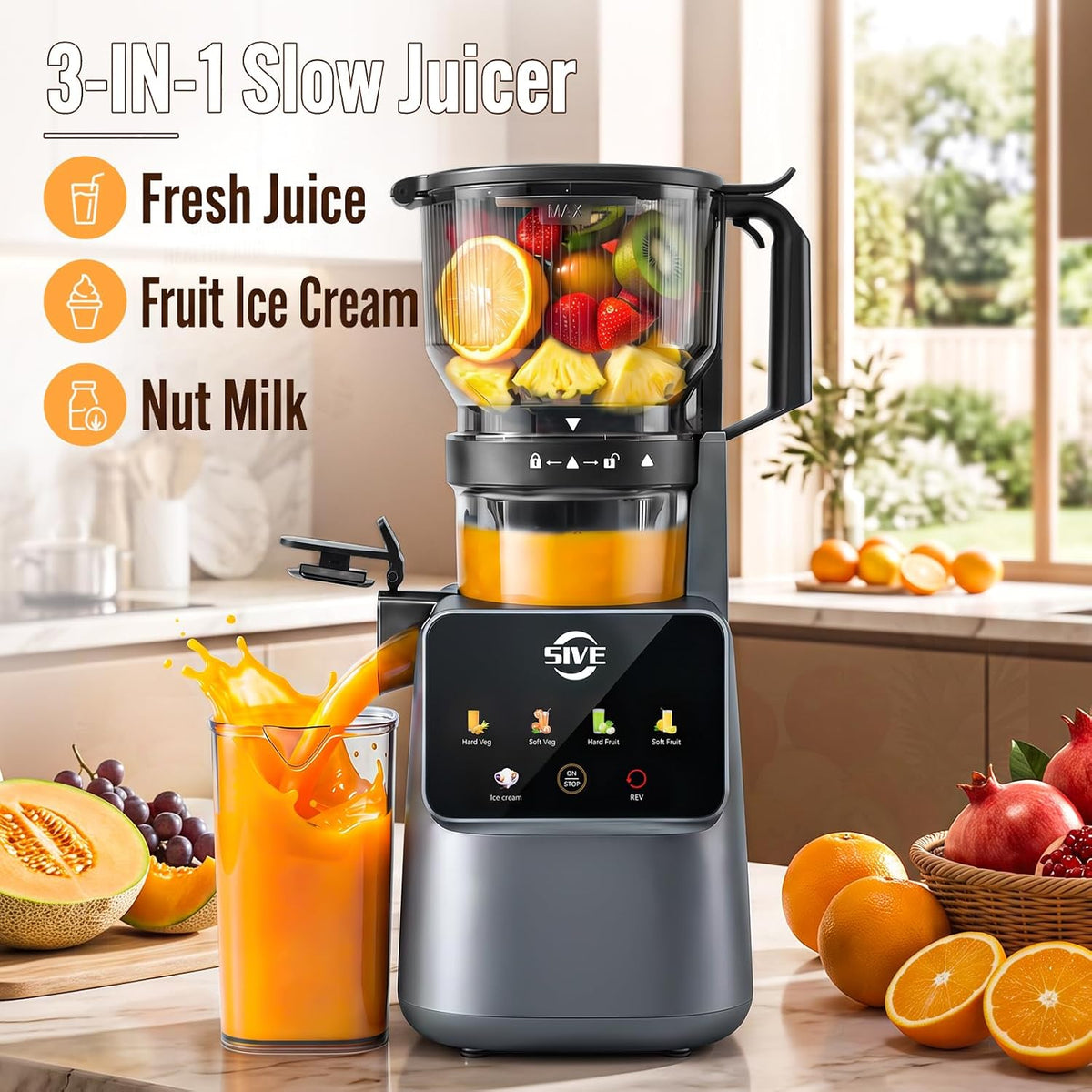 5ive 300W Cold Press Juicer 6.1" Wide Chute Juice Sorbet Nut Milk 1.2L