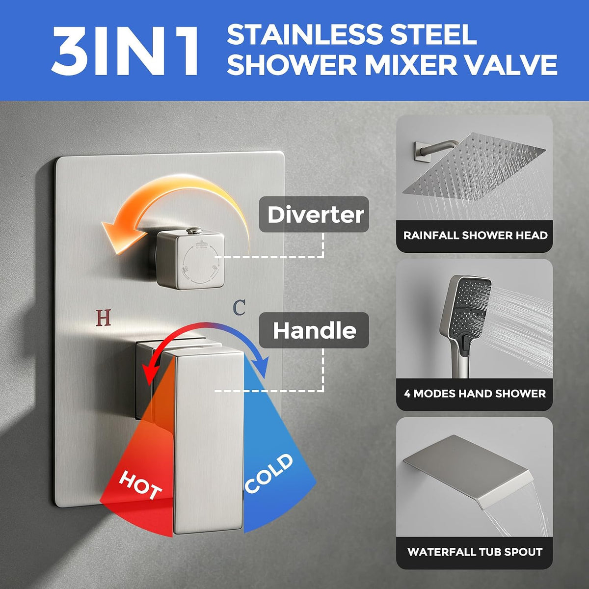 10" Rainfall Shower System Waterfall Tub Spout Handheld Spray Single Handle