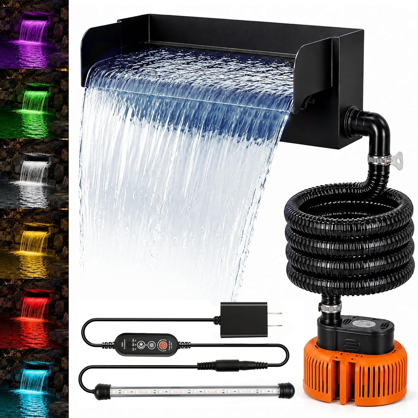 Pond Waterfall Spillway Kit 12" 304 Stainless Steel 660GPH Pump LED Lights