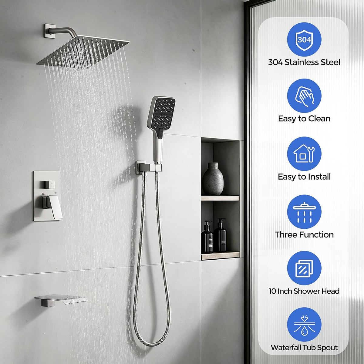 10" Rainfall Shower System Waterfall Tub Spout Handheld Spray Single Handle