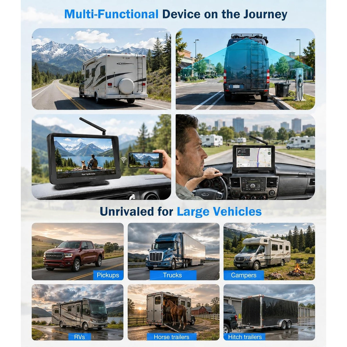 Wireless Backup Camera CarPlay Android Auto 7" Solar Magnetic RV Truck Trailer