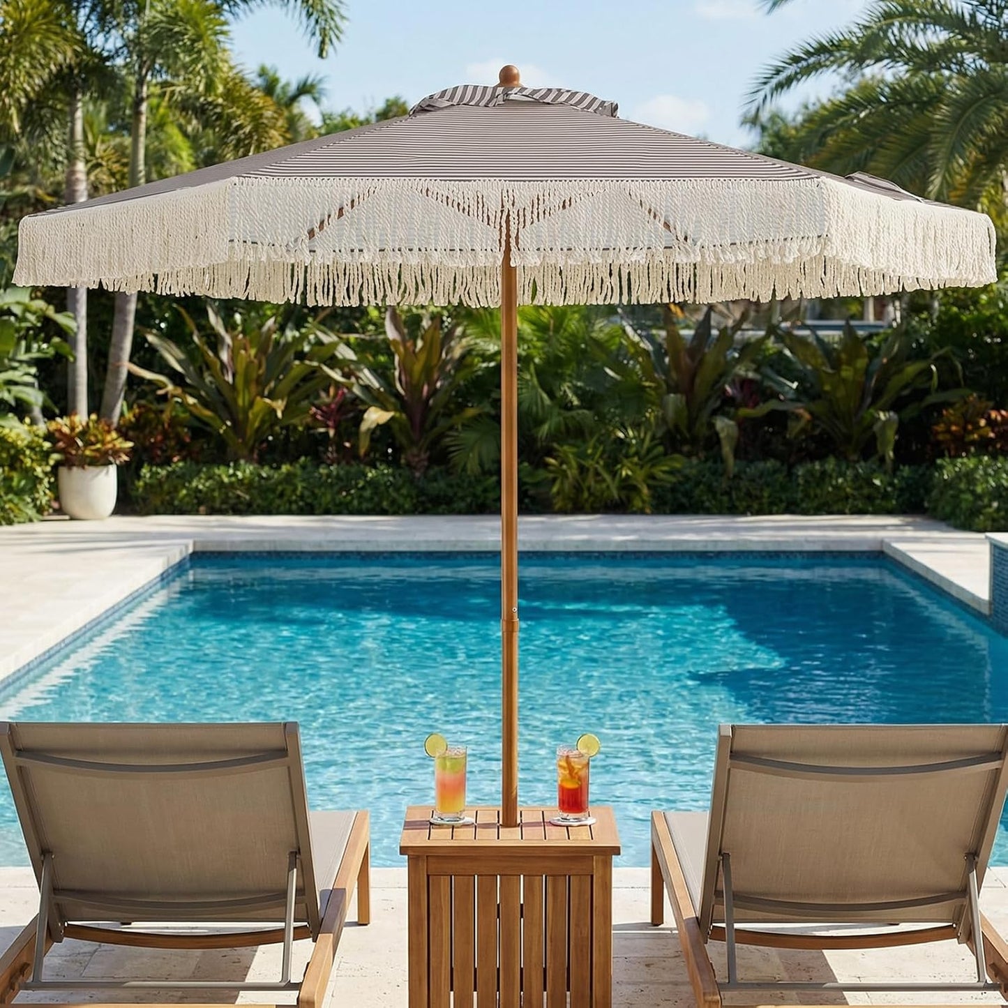 Tangkula 7 Ft Boho Patio Umbrella with Fringe 2 Tier Wood Grain Pole Green/Tan