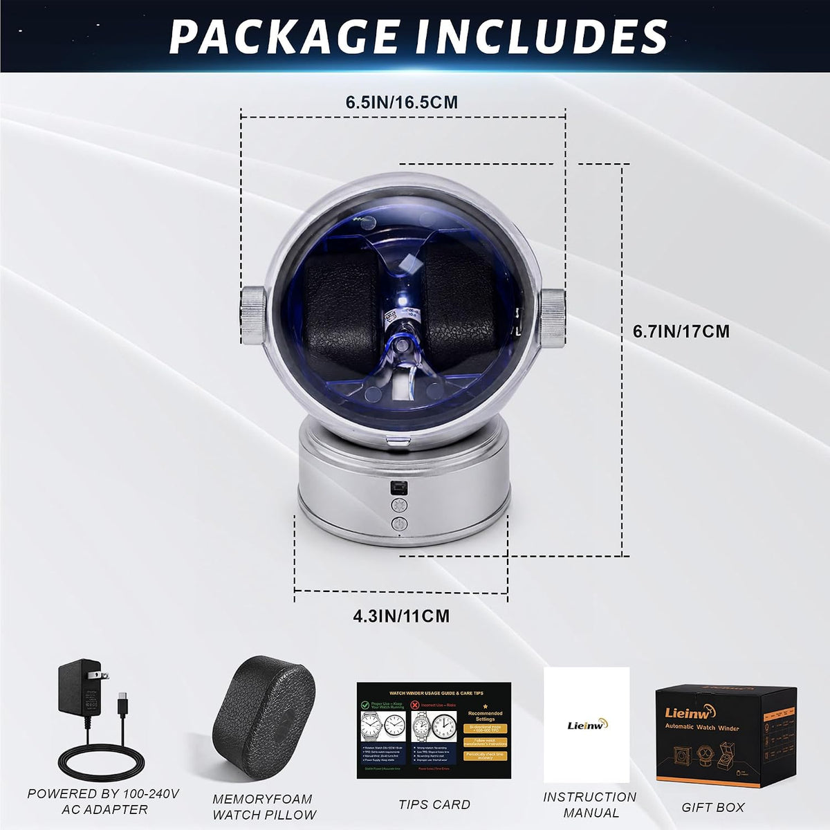 Automatic Watch Winder 2 Slots Astronaut Style Silver Quiet Japanese Motor LED