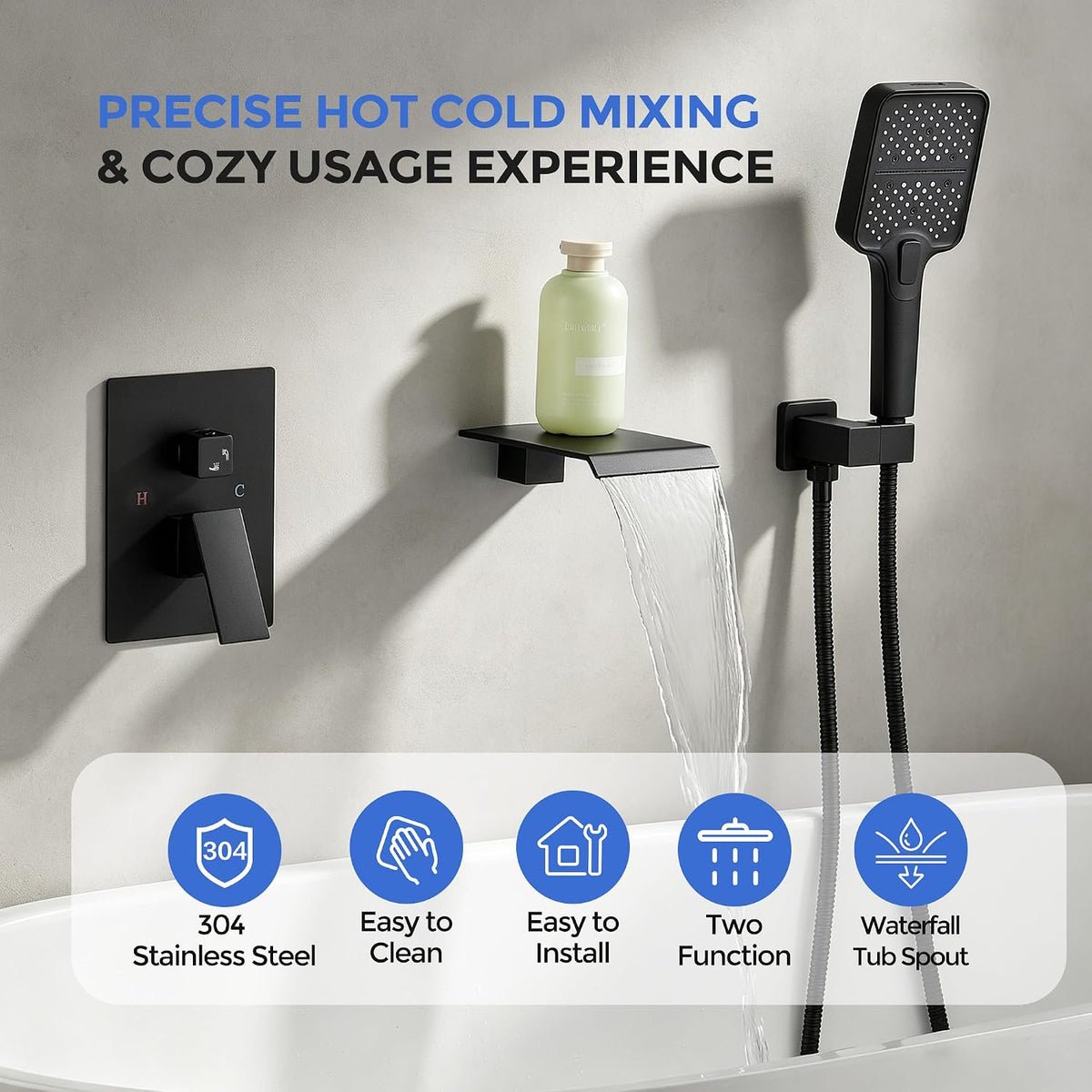 ALGRTS Wall Mount Waterfall Tub Faucet Matte Black Hand Shower 2-Function